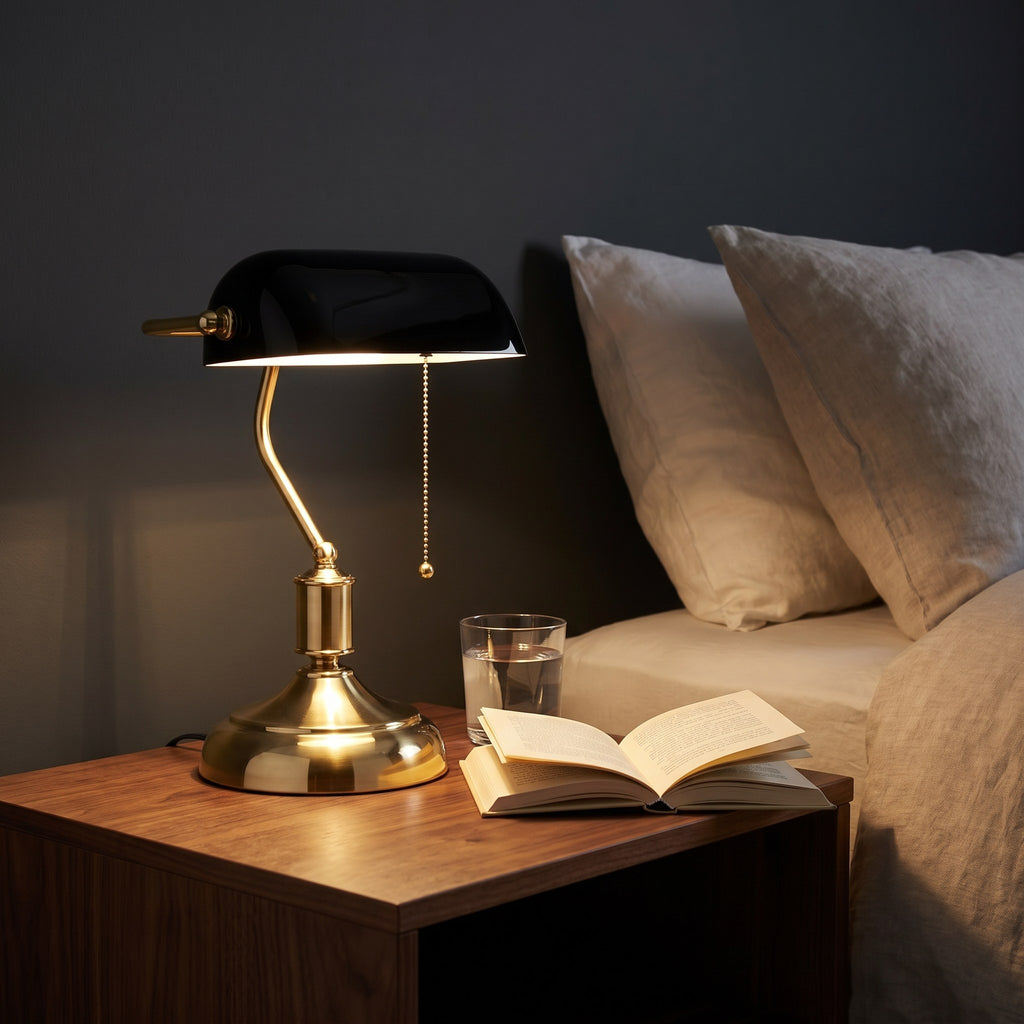 Classic Bankers Table Lamp with black shade on a bedside table at night
