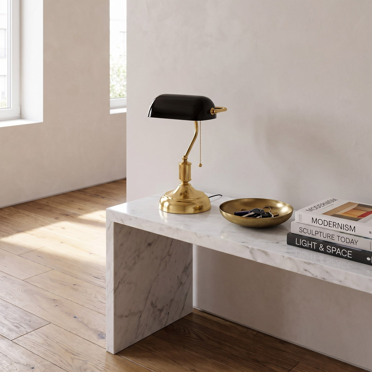 Classic Bankers Table Lamp with black shade on a marble console in an entry