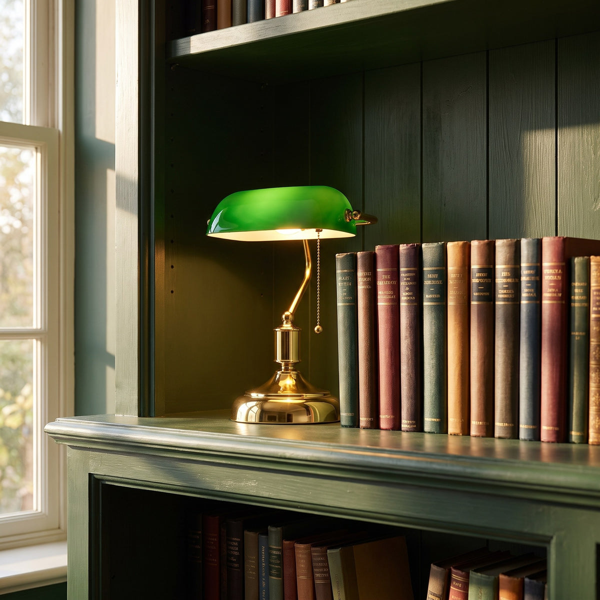 Classic Bankers Table Lamp with green shade on a library shelf