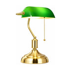 Classic Bankers Glass Shade Table Lamp with green shade and gold base on a white background