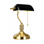 Classic Bankers Glass Shade Table Lamp with black shade and gold base on a white background
