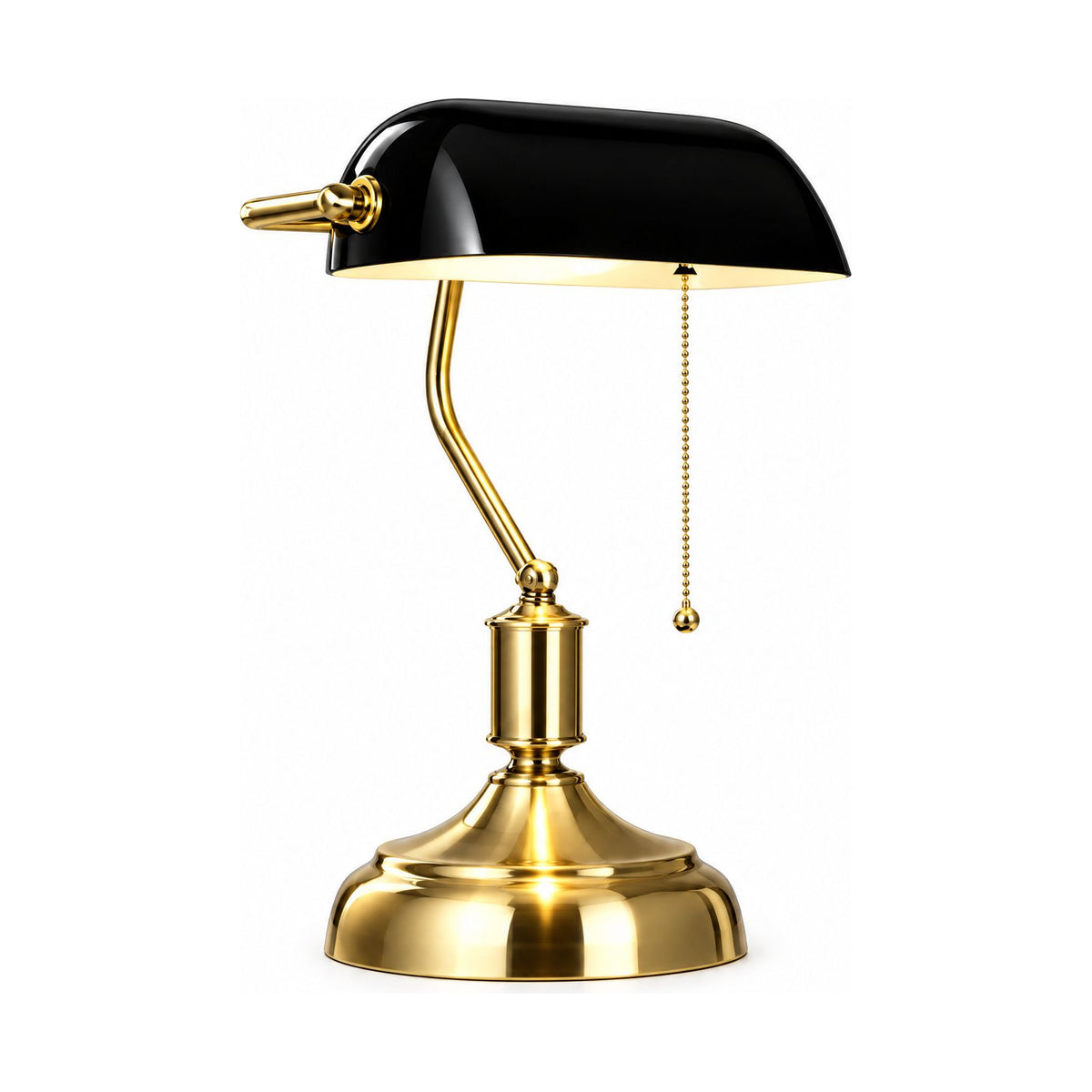 Classic Bankers Glass Shade Table Lamp with black shade and gold base on a white background