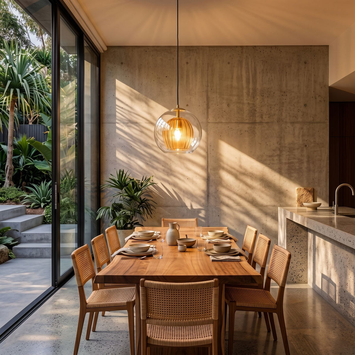 Clear and Amber Glass Globe Pendant Light in a styled Australian interior with the light on
