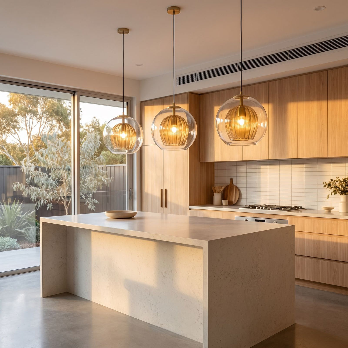 Clear and Amber Glass Globe Pendant Light lighting a second setting in an Australian home