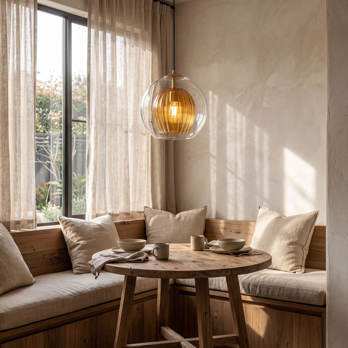 Clear and amber glass globe pendant light over a breakfast nook table
