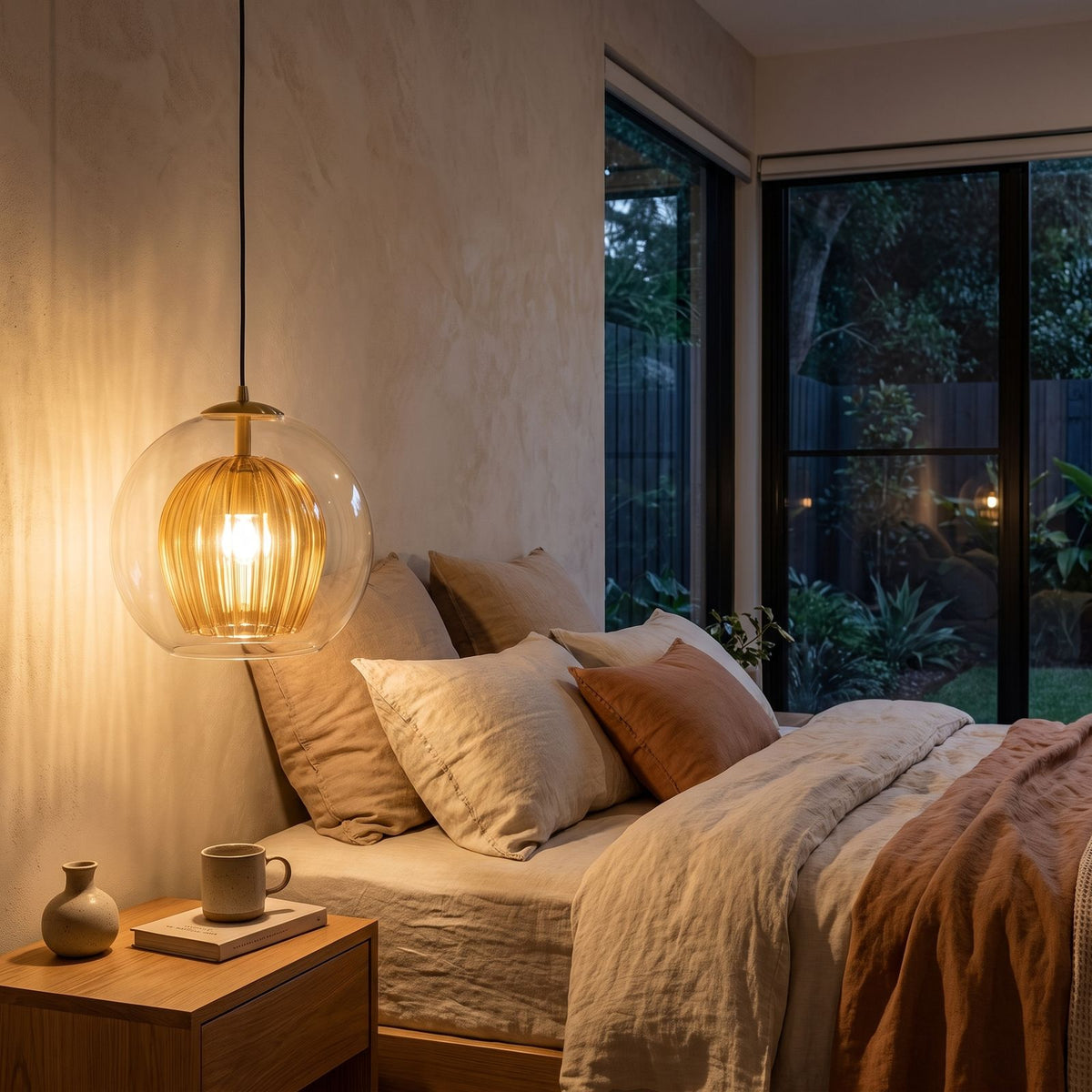 Clear and Amber Glass Globe Pendant Light seen in a wider evening interior