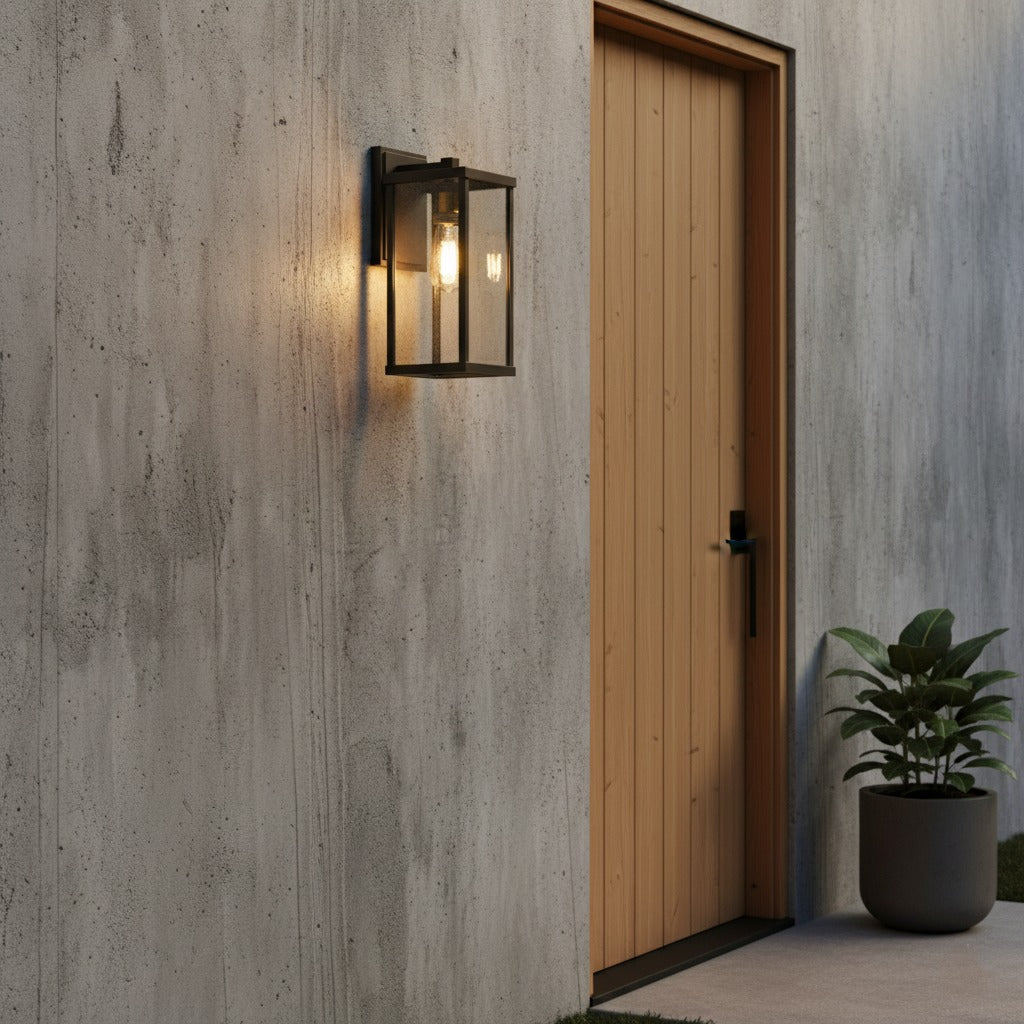 Glass lantern wall light beside a timber front door on a concrete wall