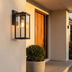 Clear Glass Lantern Outdoor Wall Light beside a timber front door