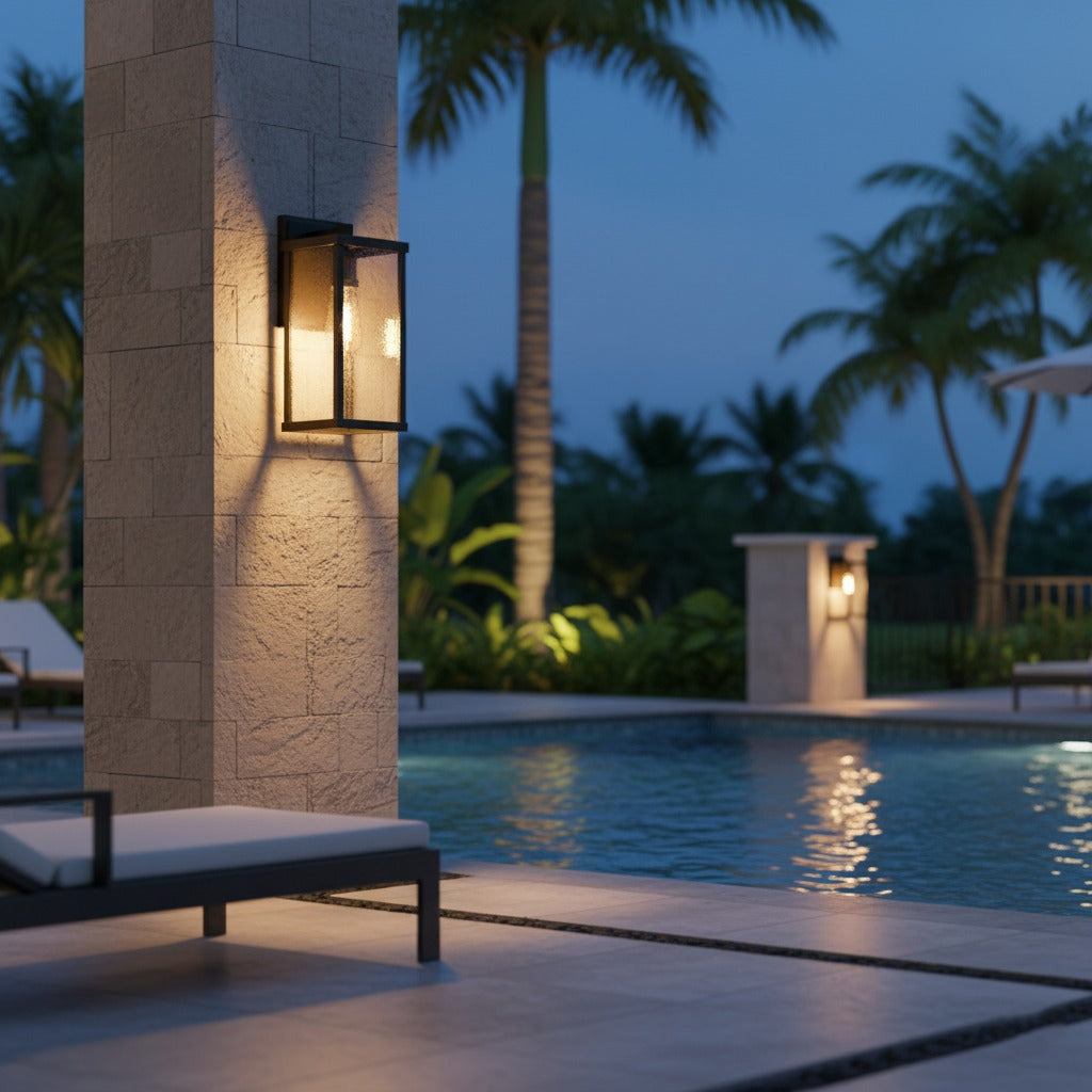 Glass lantern outdoor wall light beside a pool at dusk