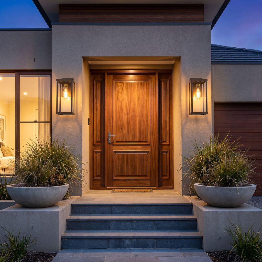 A pair of Clear Glass Lantern Outdoor Wall Lights either side of an entry
