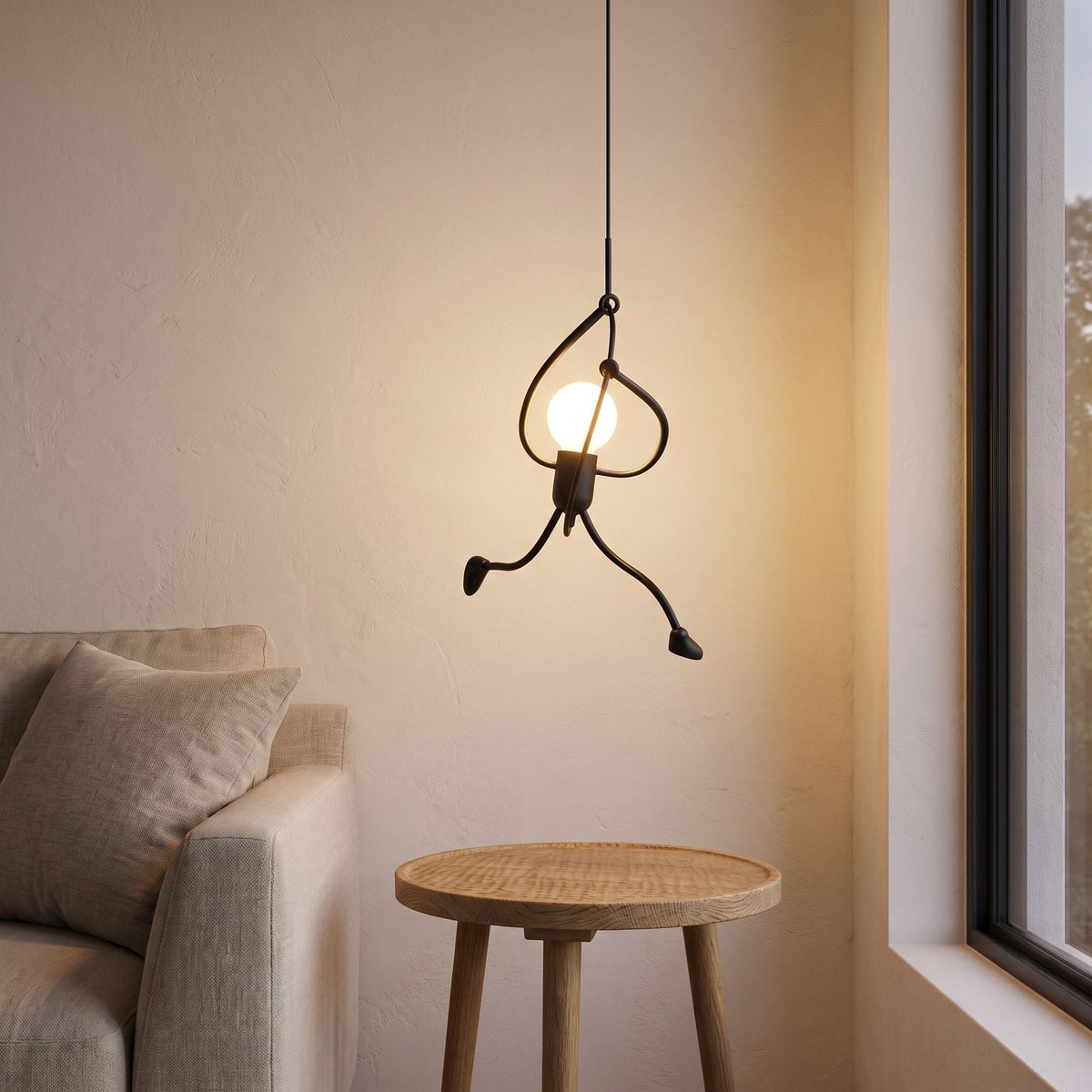 Climbing Figure Black Iron Pendant Light above a side table in a living room
