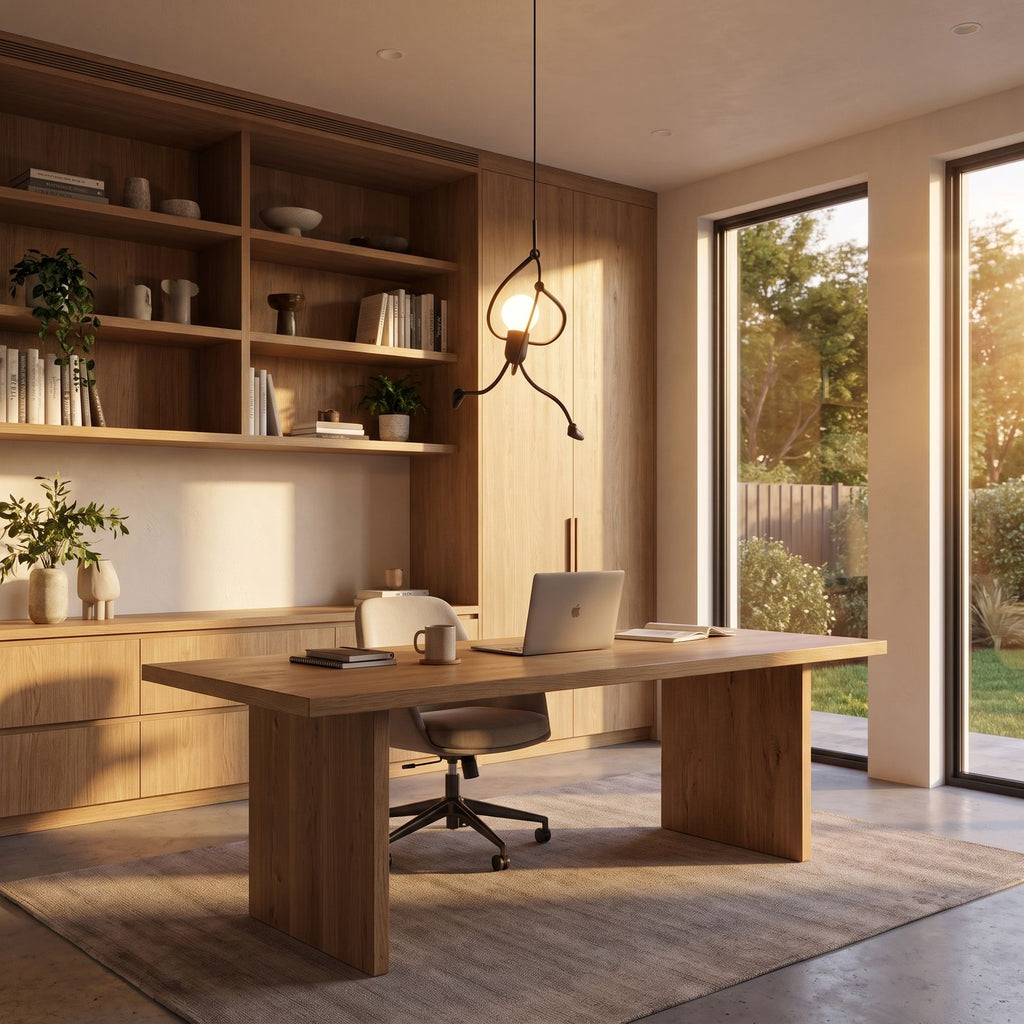 Climbing figure iron pendant light in a wide home office view