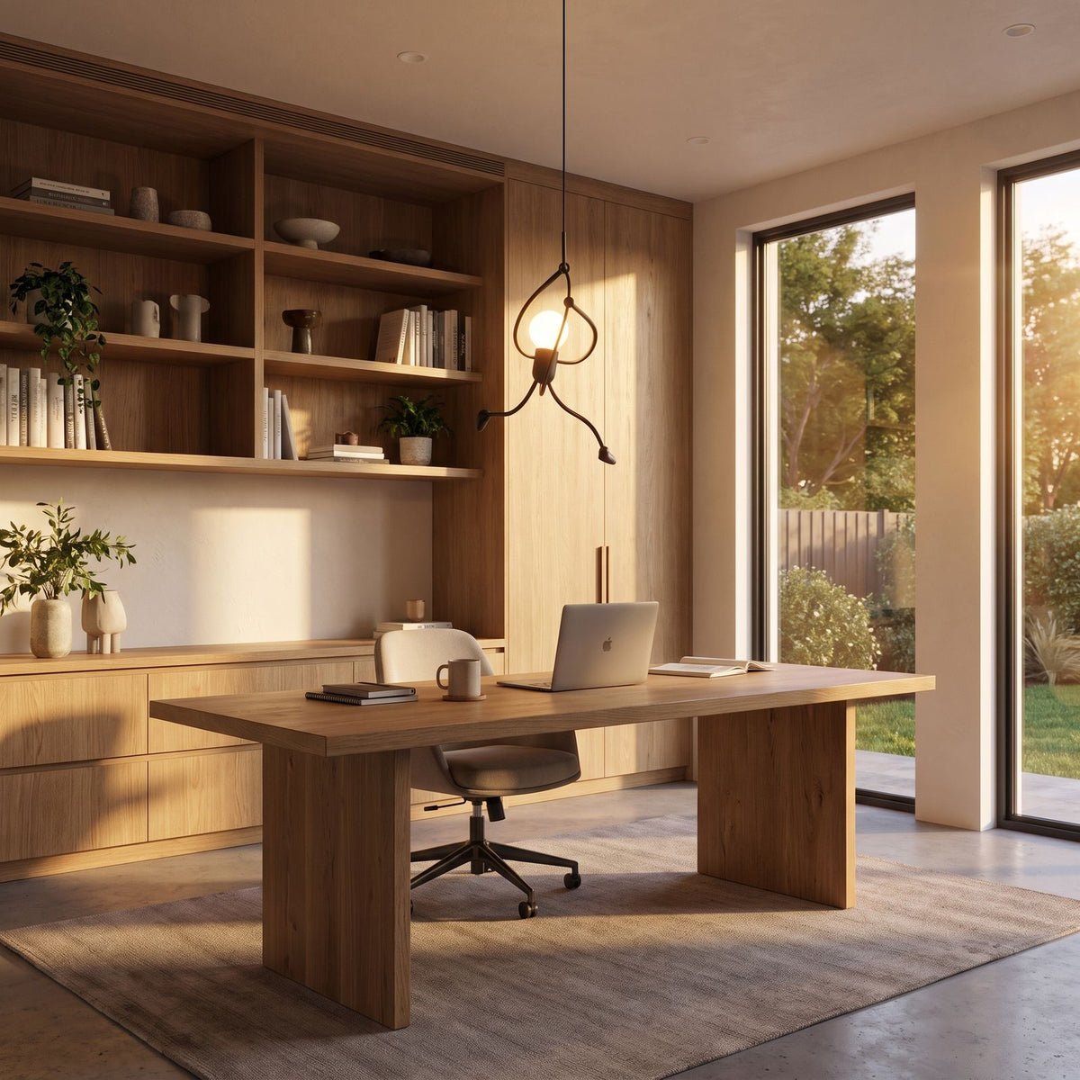 Climbing figure iron pendant light in a wide home office view