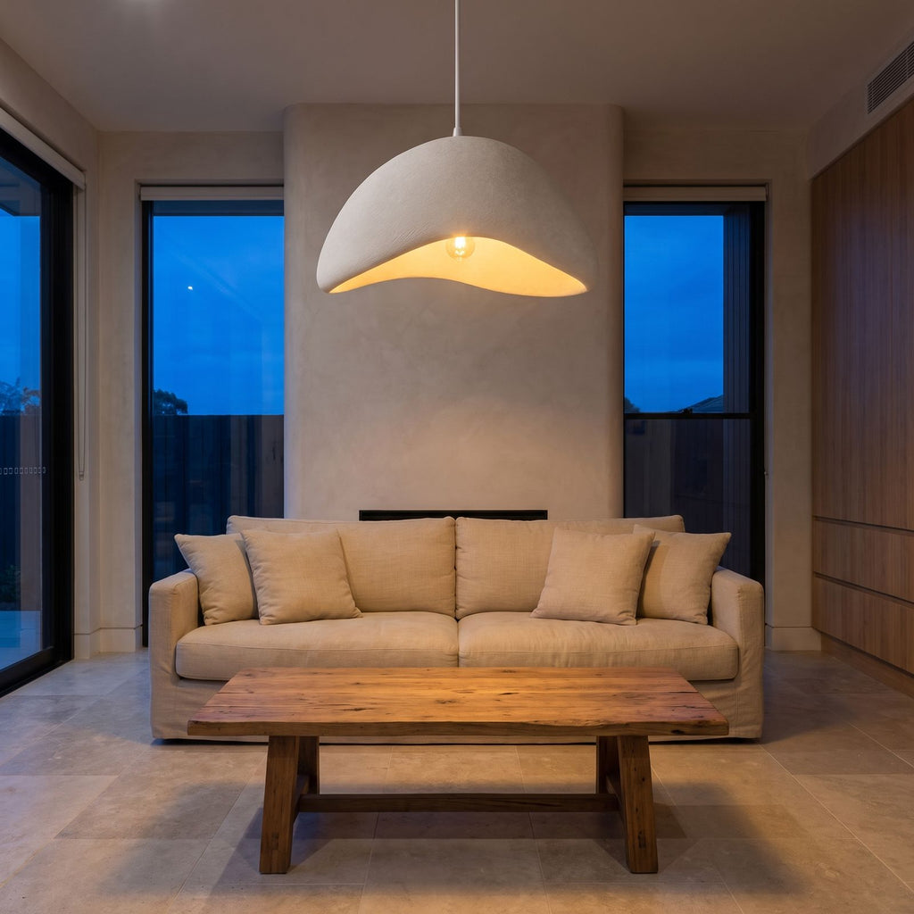Cloud Shaped Japandi Pendant Light above a linen sofa in a living room