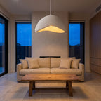 Cloud Shaped Japandi Pendant Light above a linen sofa in a living room