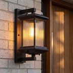 Coffee Brown Fluted Glass Outdoor Wall Lantern beside a timber front door