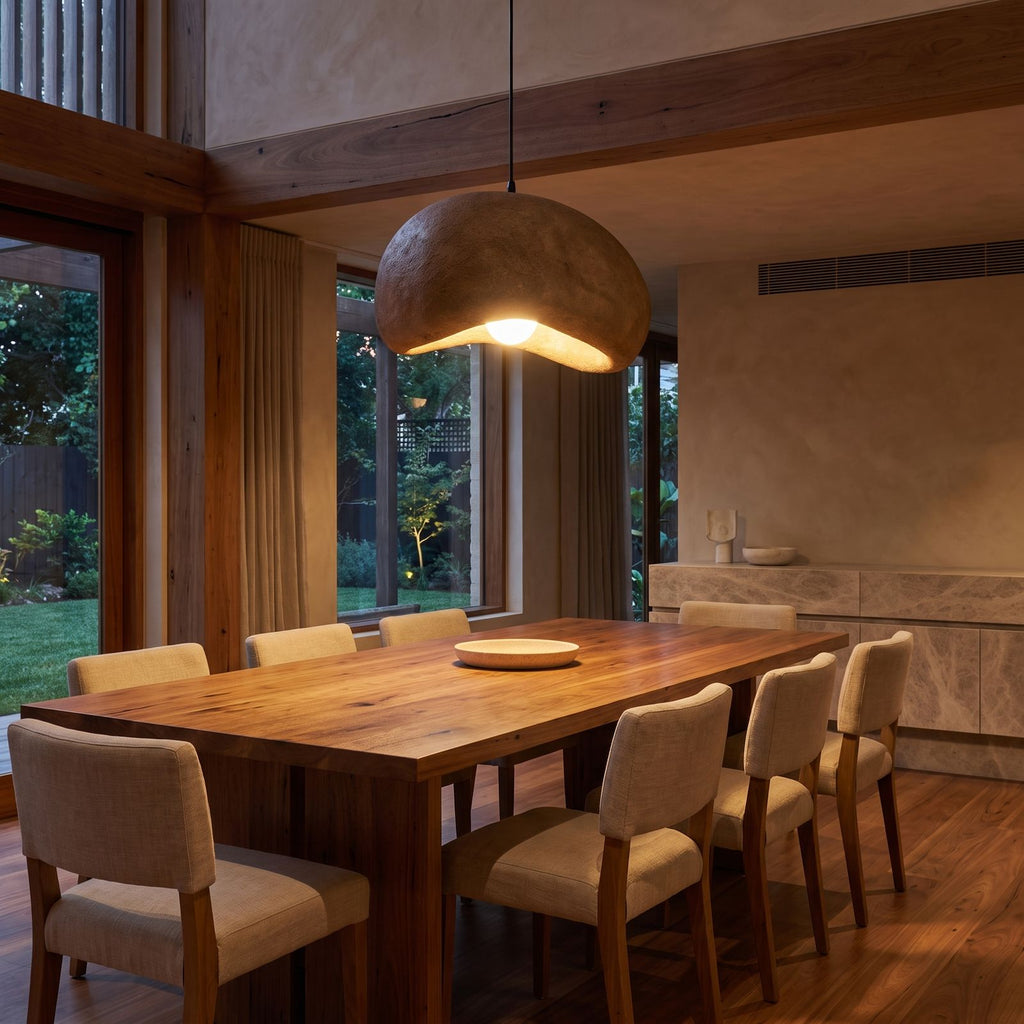 Coffee Brown Textured Resin Cloud Pendant Light above a timber dining table