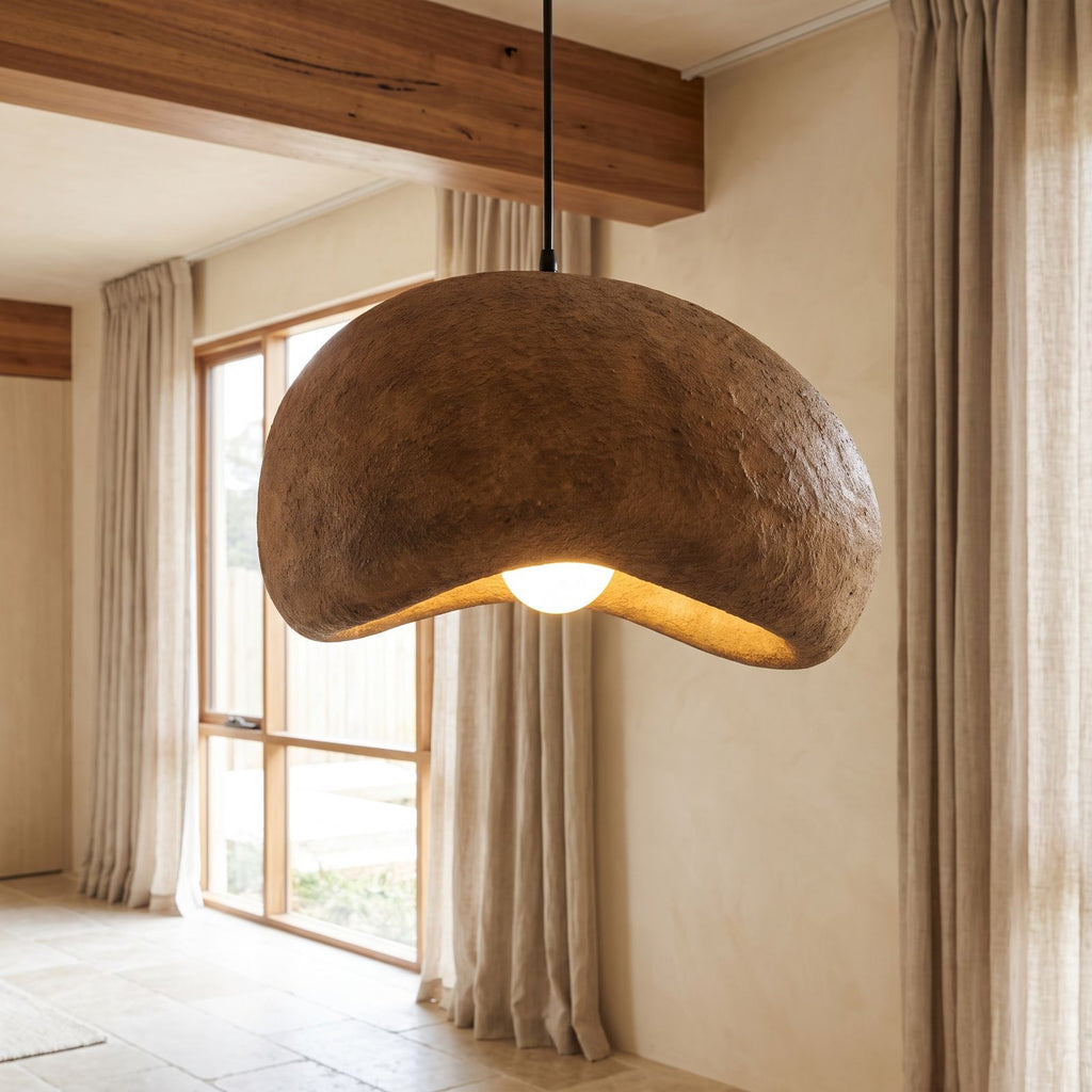 Coffee Brown Textured Resin Cloud Pendant Light, close view from below
