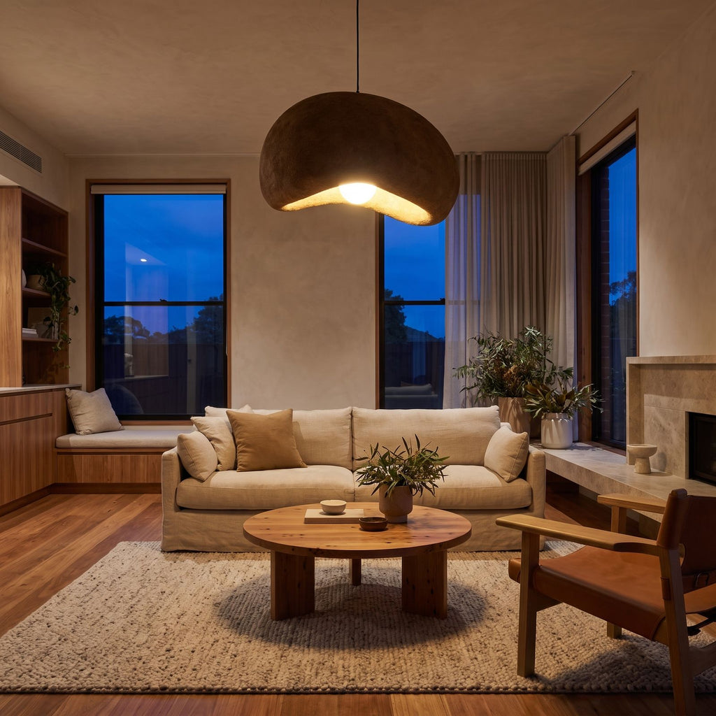 Coffee Brown Textured Resin Cloud Pendant Light above a linen sofa in a living room