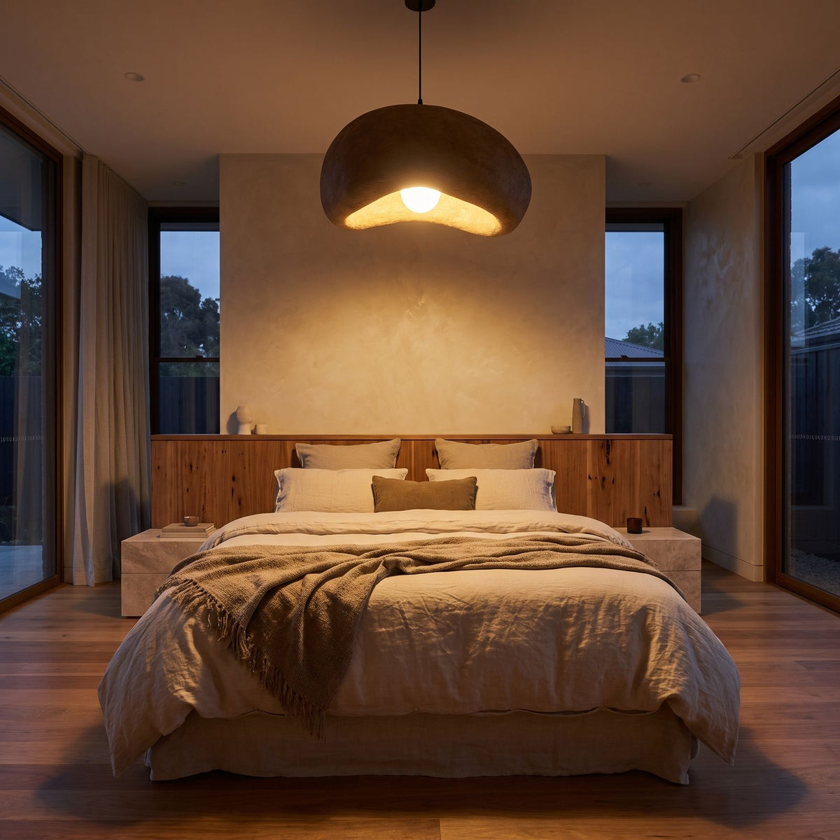 Coffee Brown Textured Resin Cloud Pendant Light centred above a bed