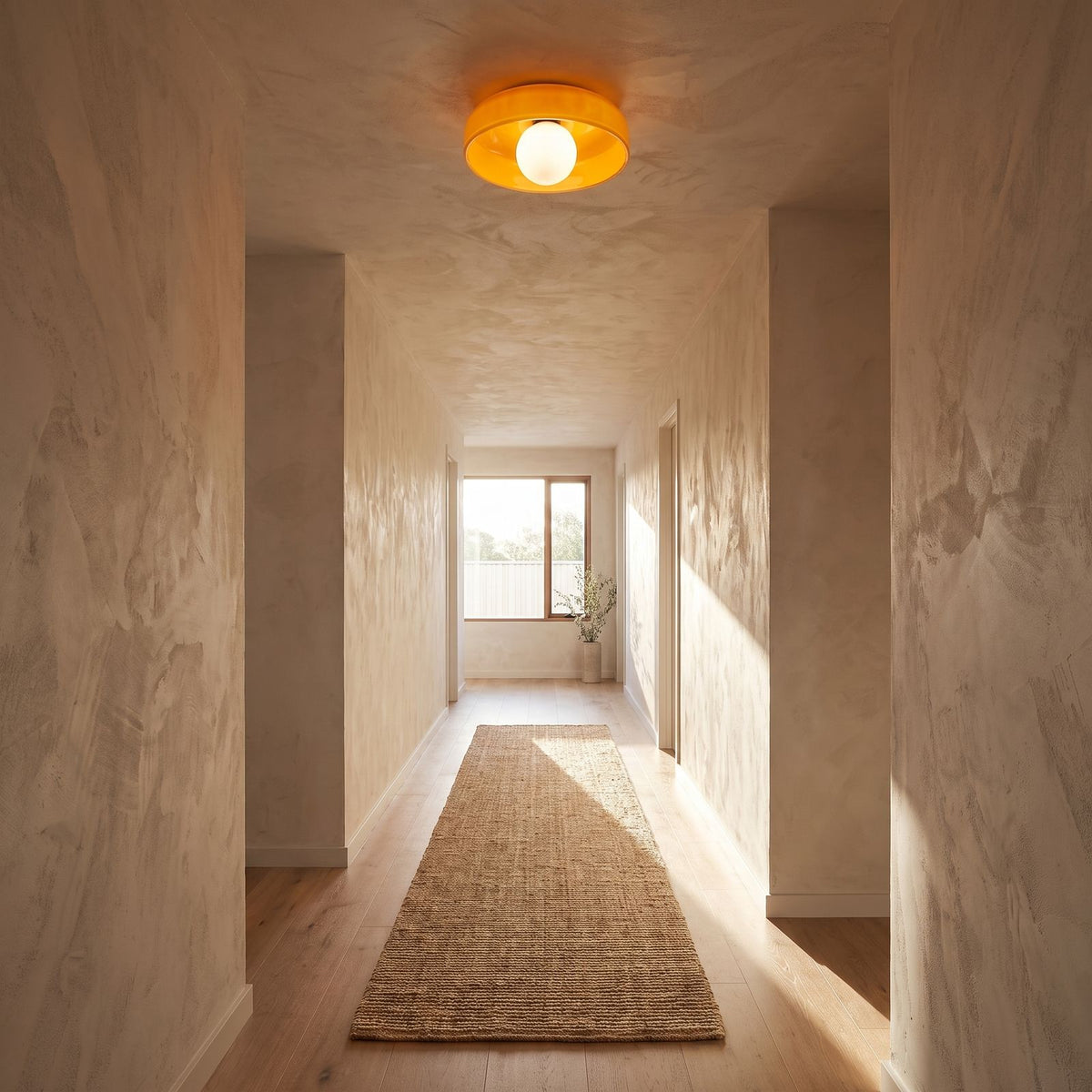 Coloured glass dish wall and ceiling light on a hallway ceiling, wide view