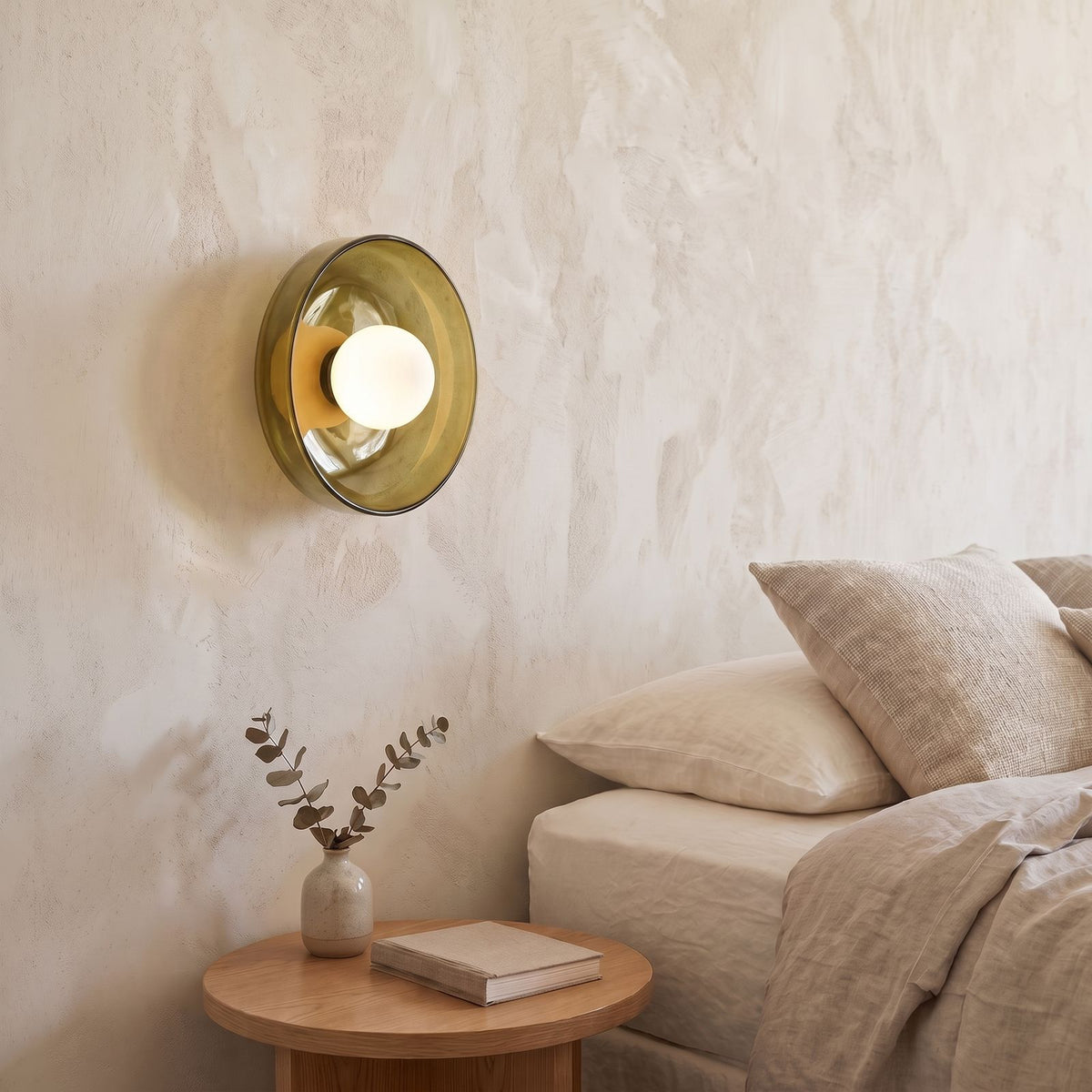 Coloured Glass Dish Opal Globe Wall and Ceiling Light in olive glass beside a bed