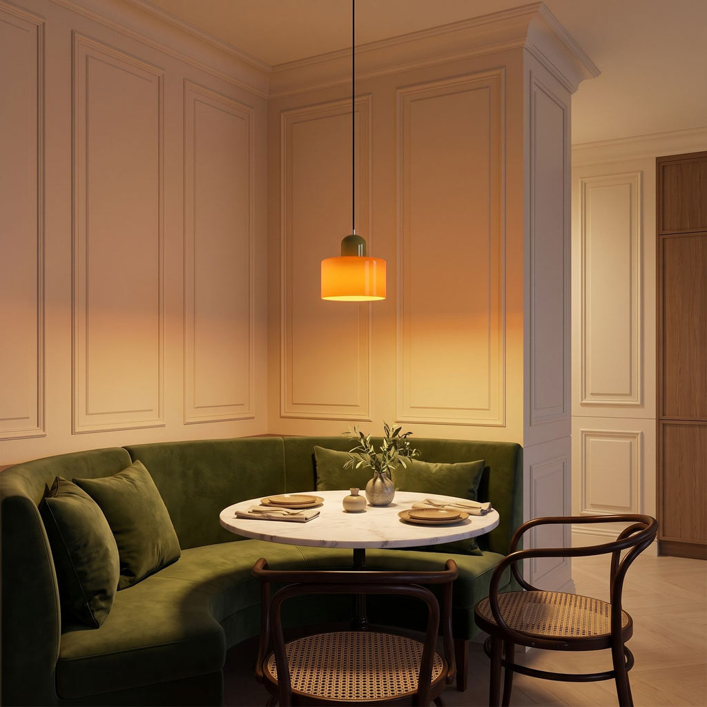 Colourful Two-Tone Glass Drum Pendant Light in orange glass with a green cap above a round bistro table in a classic dining nook in the evening