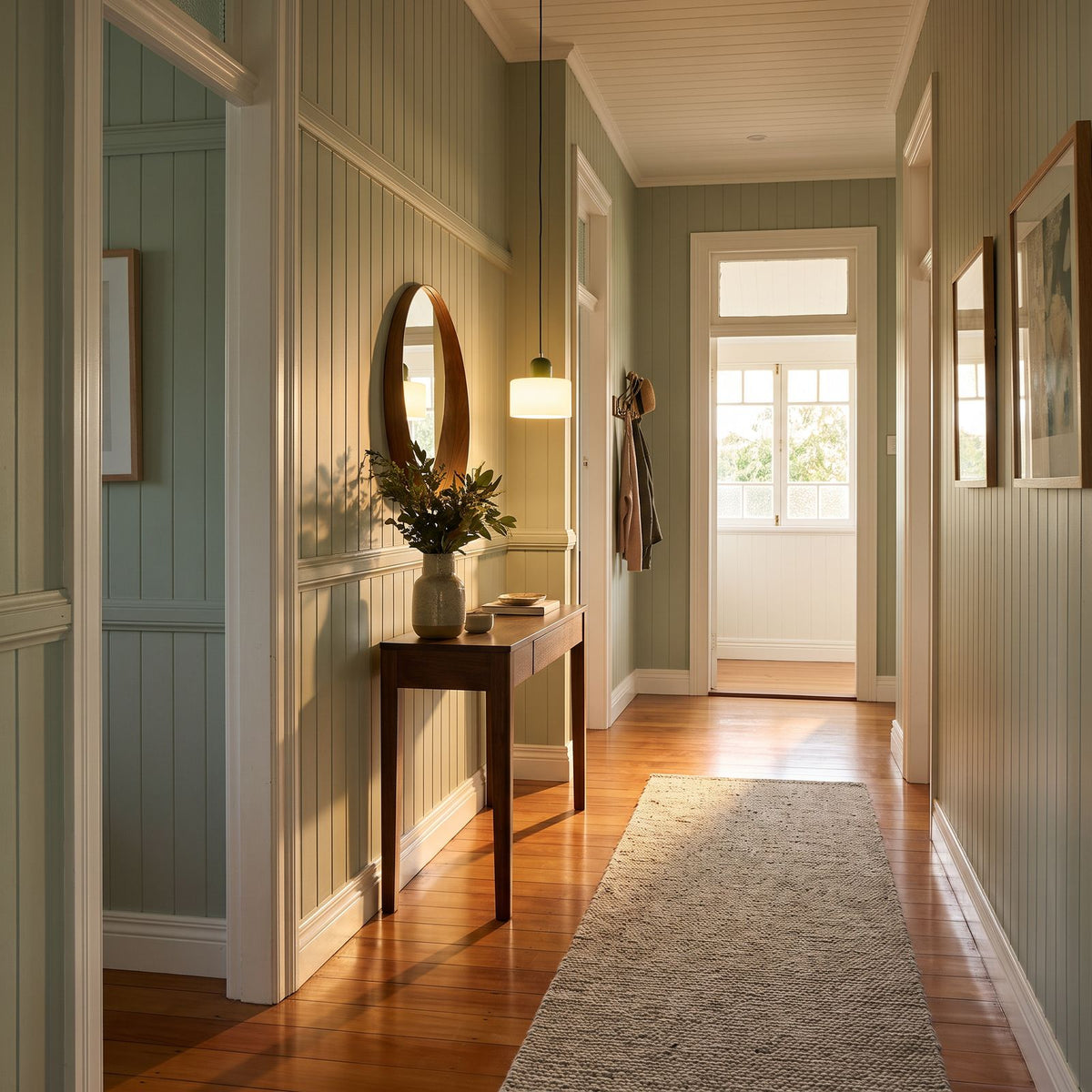 Colourful Two-Tone Glass Drum Pendant Light in white glass with a green cap above a timber console in an entry hallway
