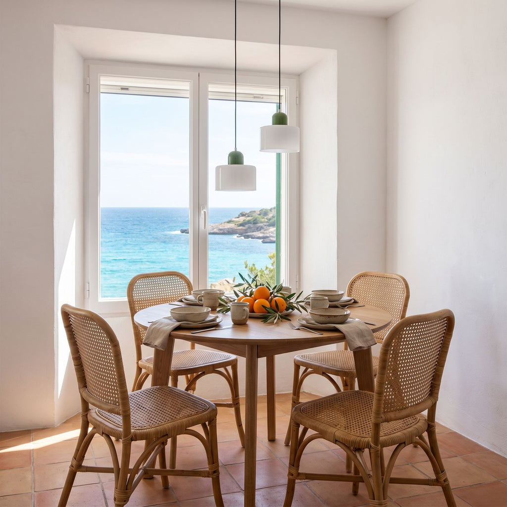 Two Colourful Two-Tone Glass Drum Pendant Lights in white glass with a green cap above a round dining table in a coastal breakfast corner