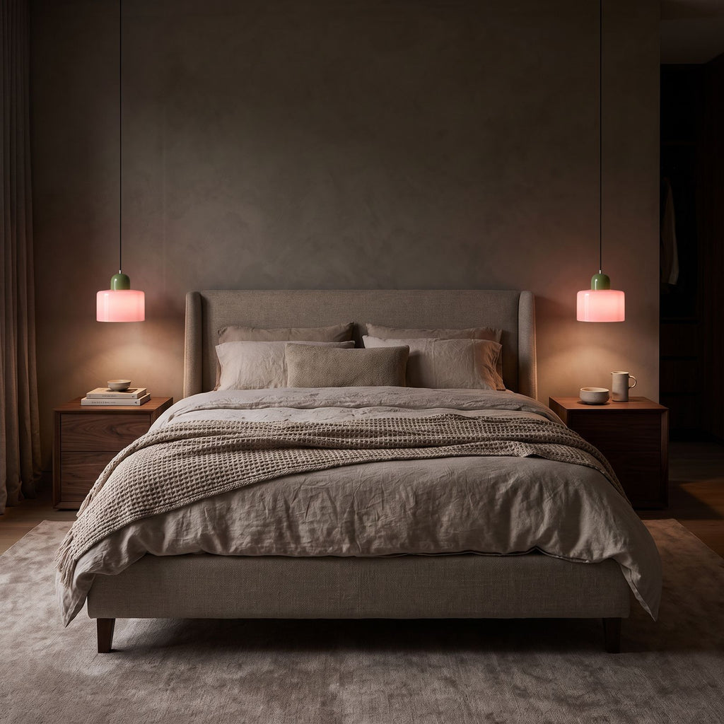 Pair of Colourful Two-Tone Glass Drum Pendant Lights in pink glass hanging either side of a bed above the bedside tables in a bedroom at night