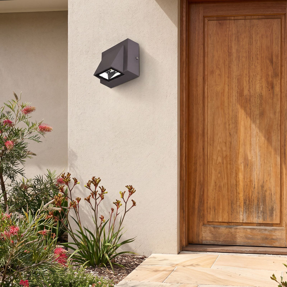 Compact Metal LED Outdoor Wall Light beside a timber front door