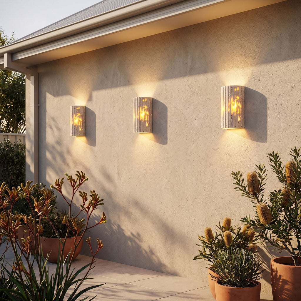 Compact Yellow Travertine Up Down Outdoor Wall Light in a pair either side of an entry door