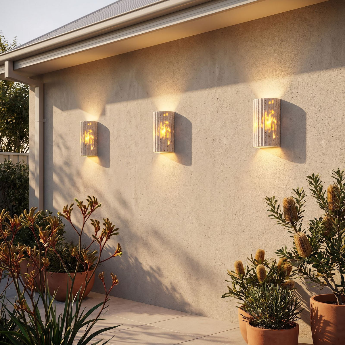 Compact Yellow Travertine Up Down Outdoor Wall Light in a pair either side of an entry door