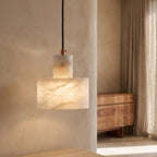 Copper and Alabaster Cylinder Pendant Light, close view from below
