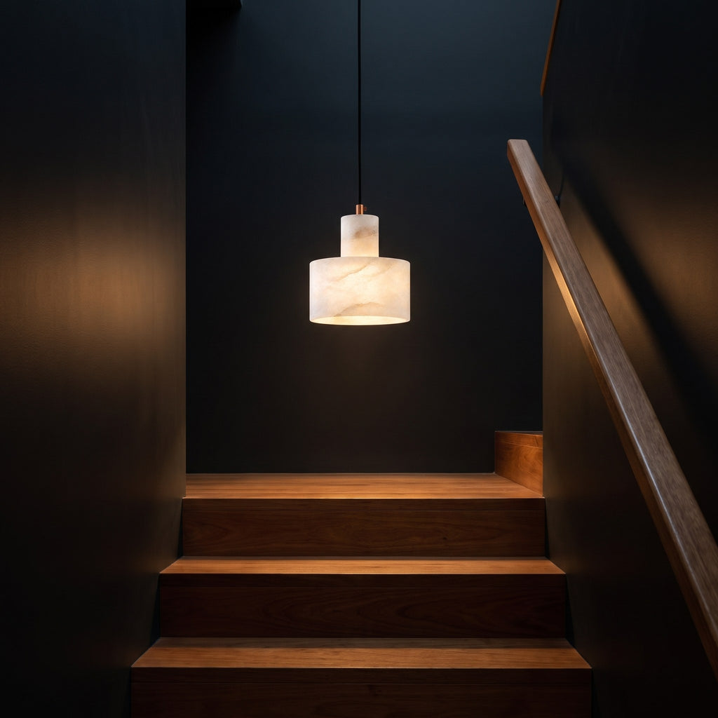 Copper and Alabaster Cylinder Pendant Light in a stairwell at night