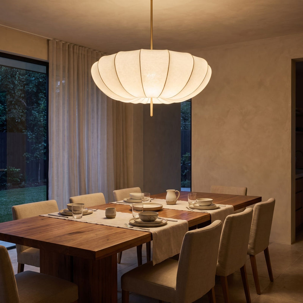 Cream Fabric Wabi Sabi Pendant Light above a timber dining table