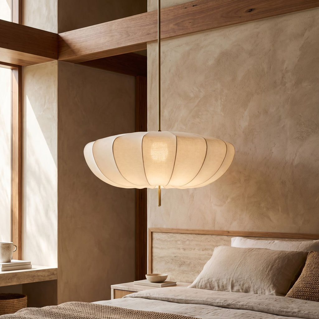 Cream Fabric Wabi Sabi Pendant Light, close view from below