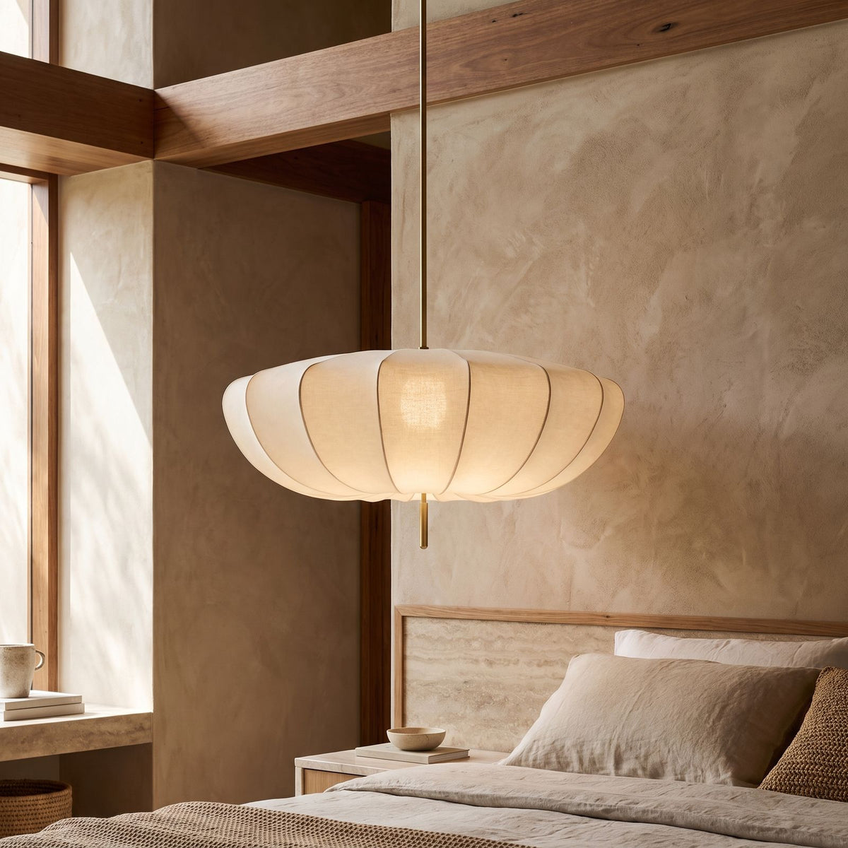 Cream Fabric Wabi Sabi Pendant Light, close view from below