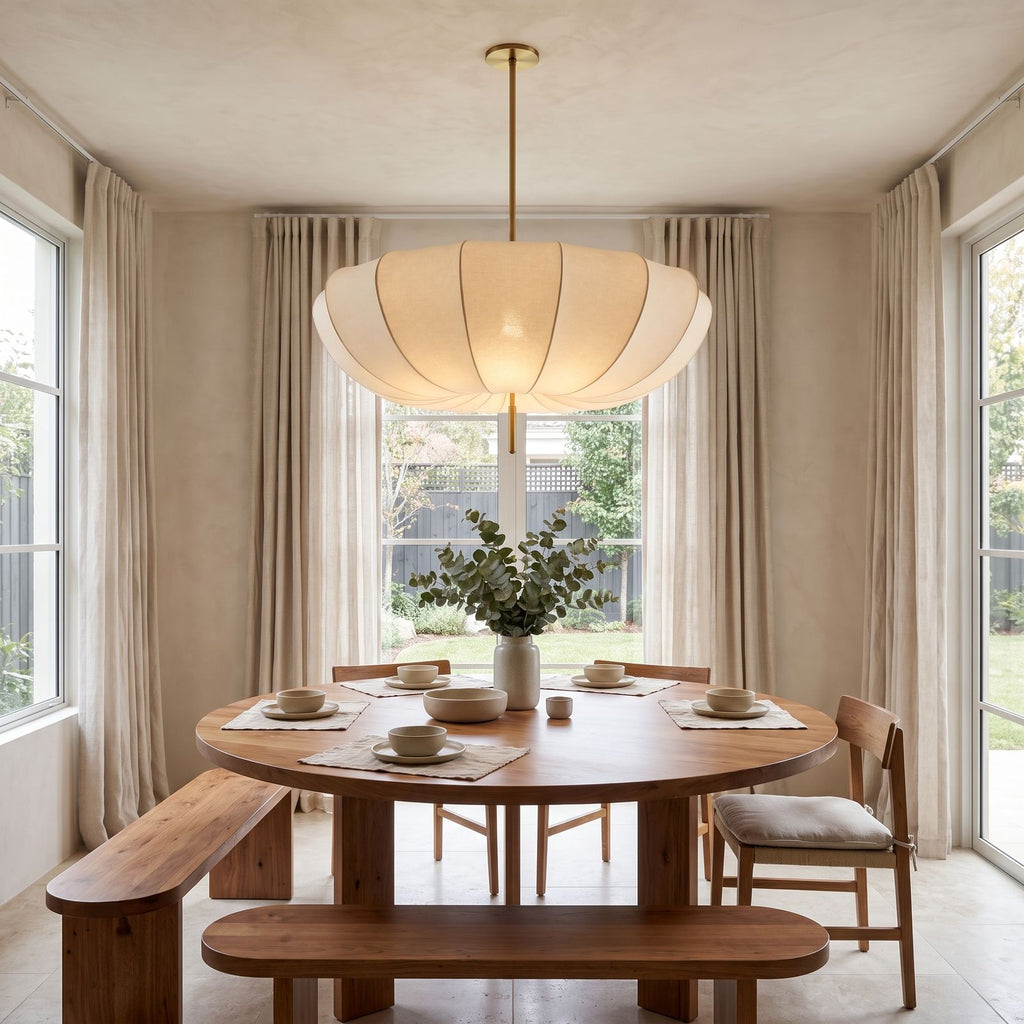 Cream Fabric Wabi Sabi Pendant Light above a round table in a breakfast nook