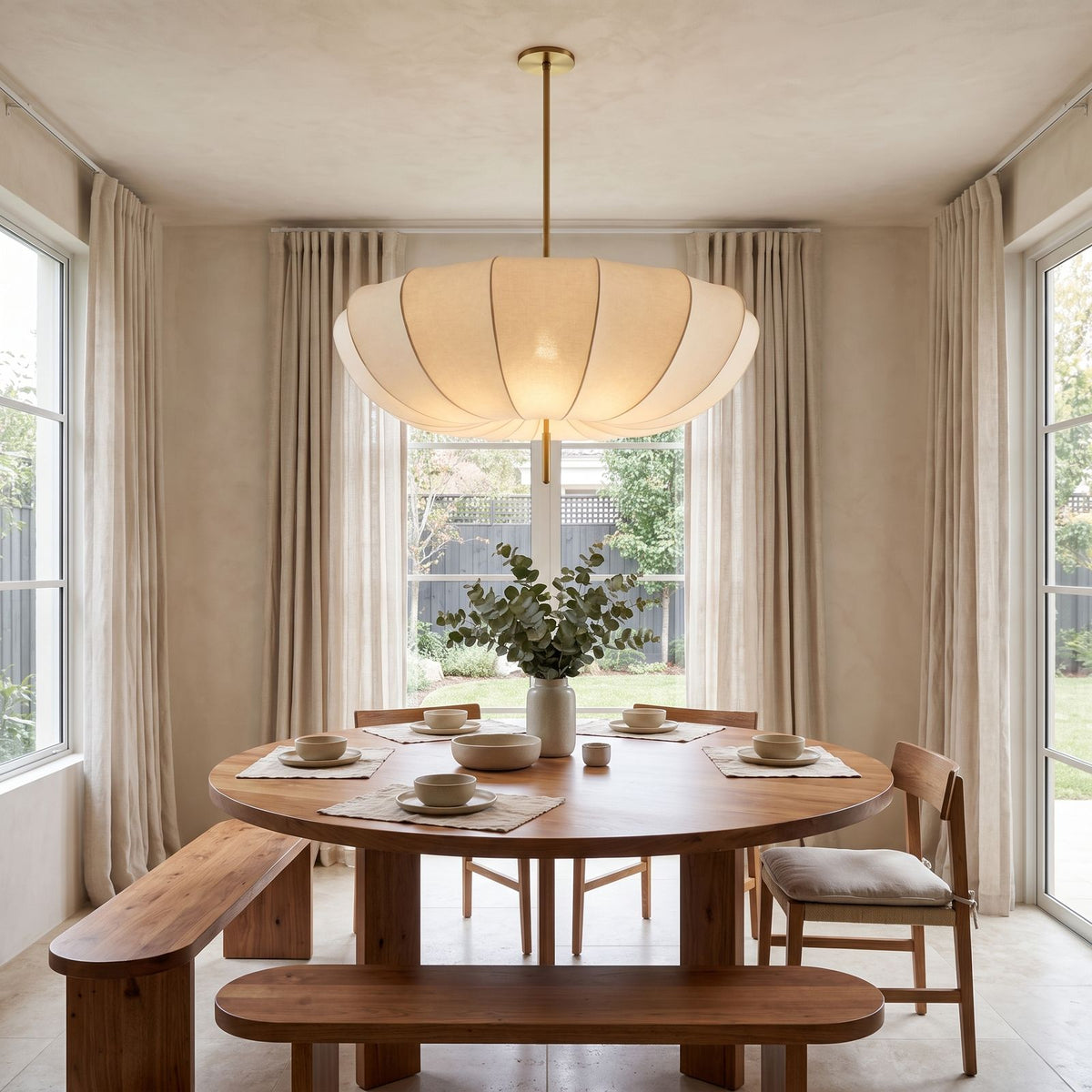 Cream Fabric Wabi Sabi Pendant Light above a round table in a breakfast nook