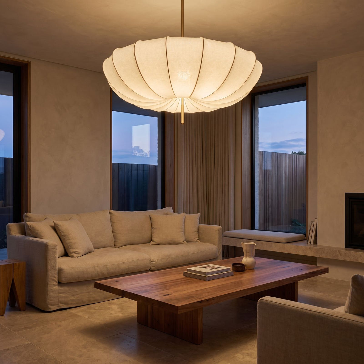 Cream Fabric Wabi Sabi Pendant Light above a linen sofa in a living room
