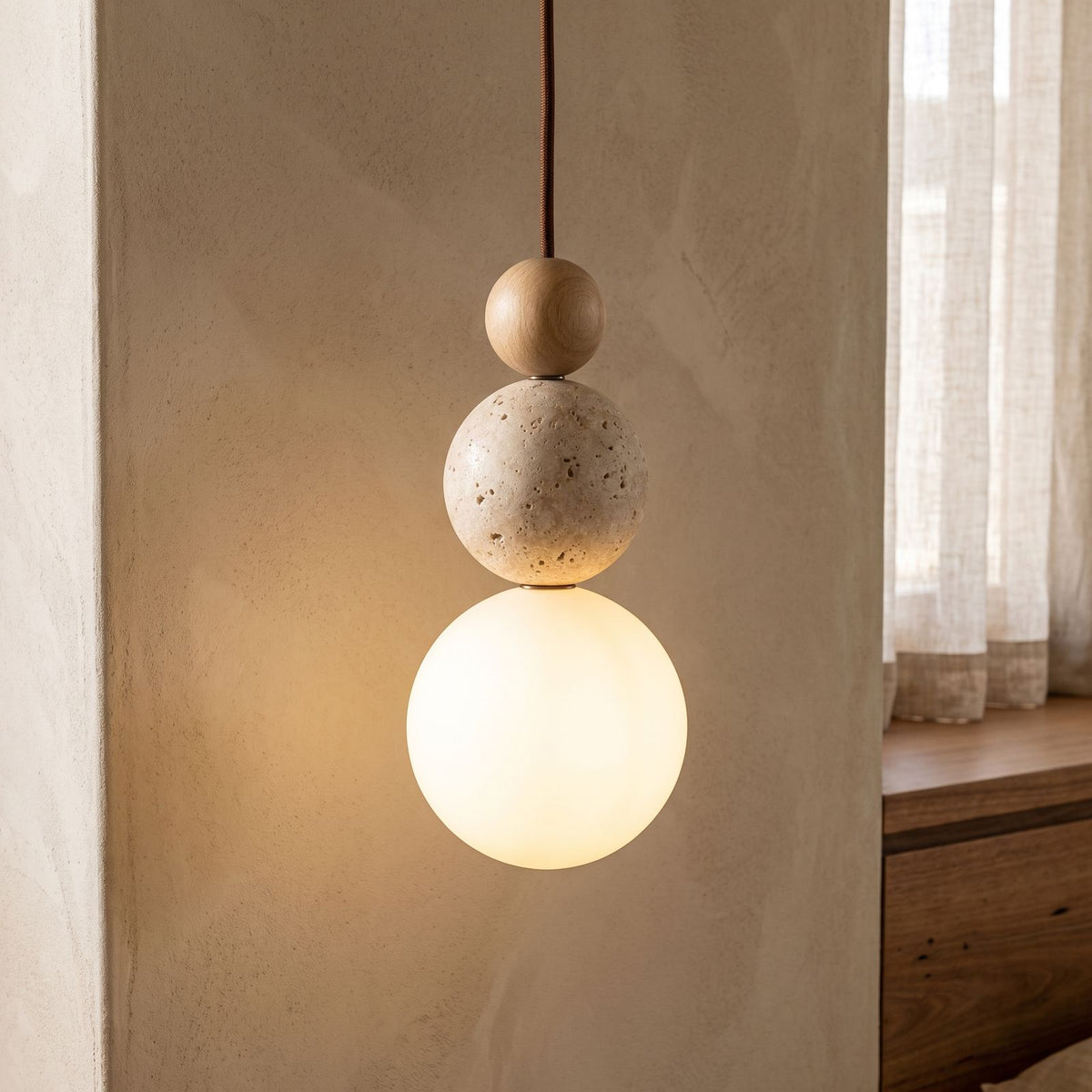 Cream Stone Ball Bedside Pendant Light, close view from below