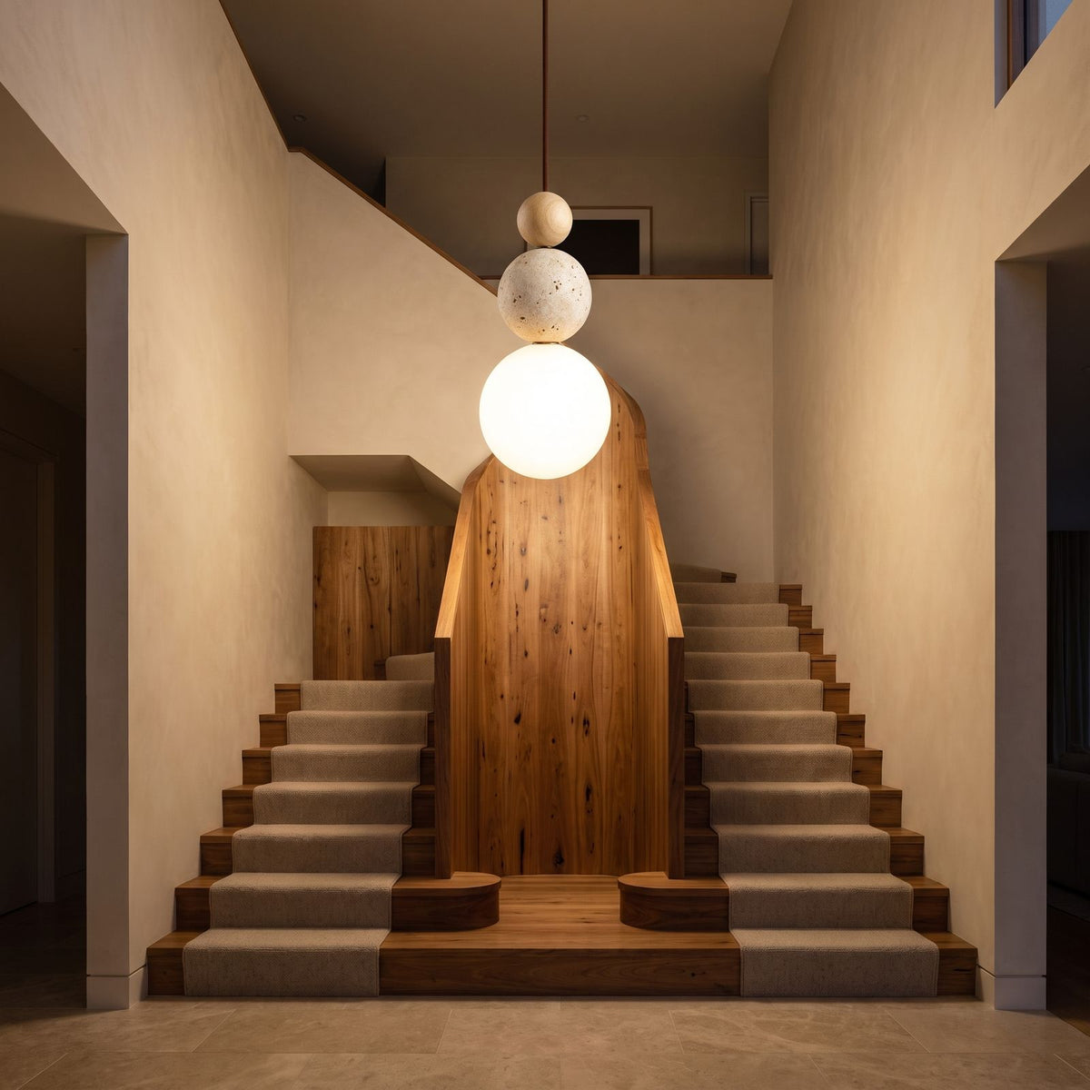 Cream Stone Ball Bedside Pendant Light in a double-height entry foyer