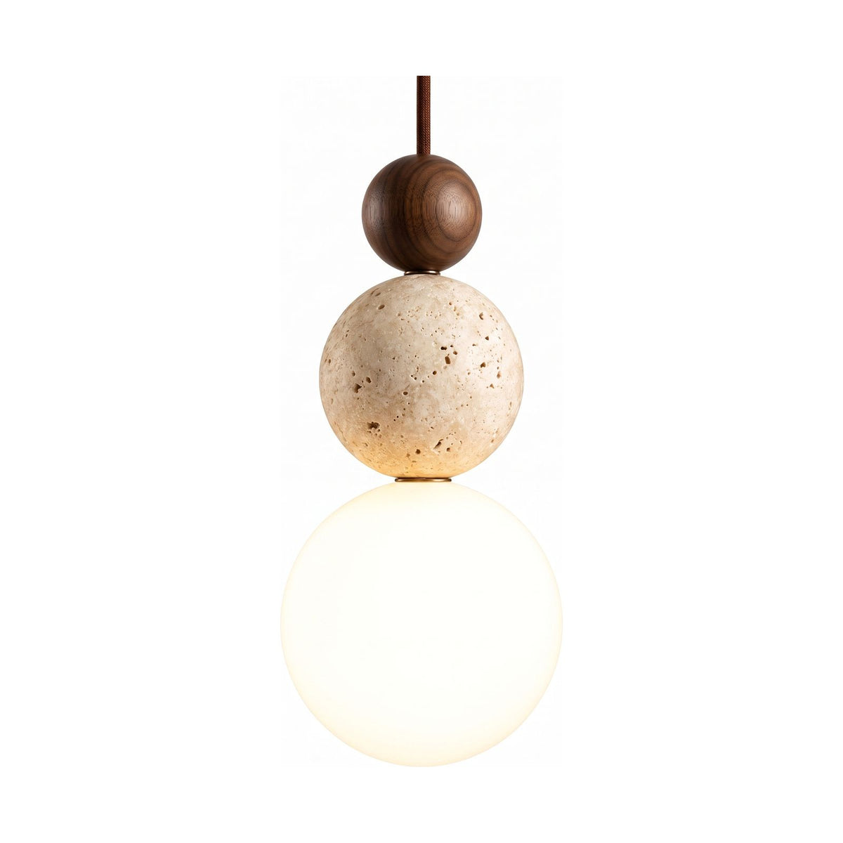 Cream Stone Ball Bedside Pendant Light with walnut top ball on a white background