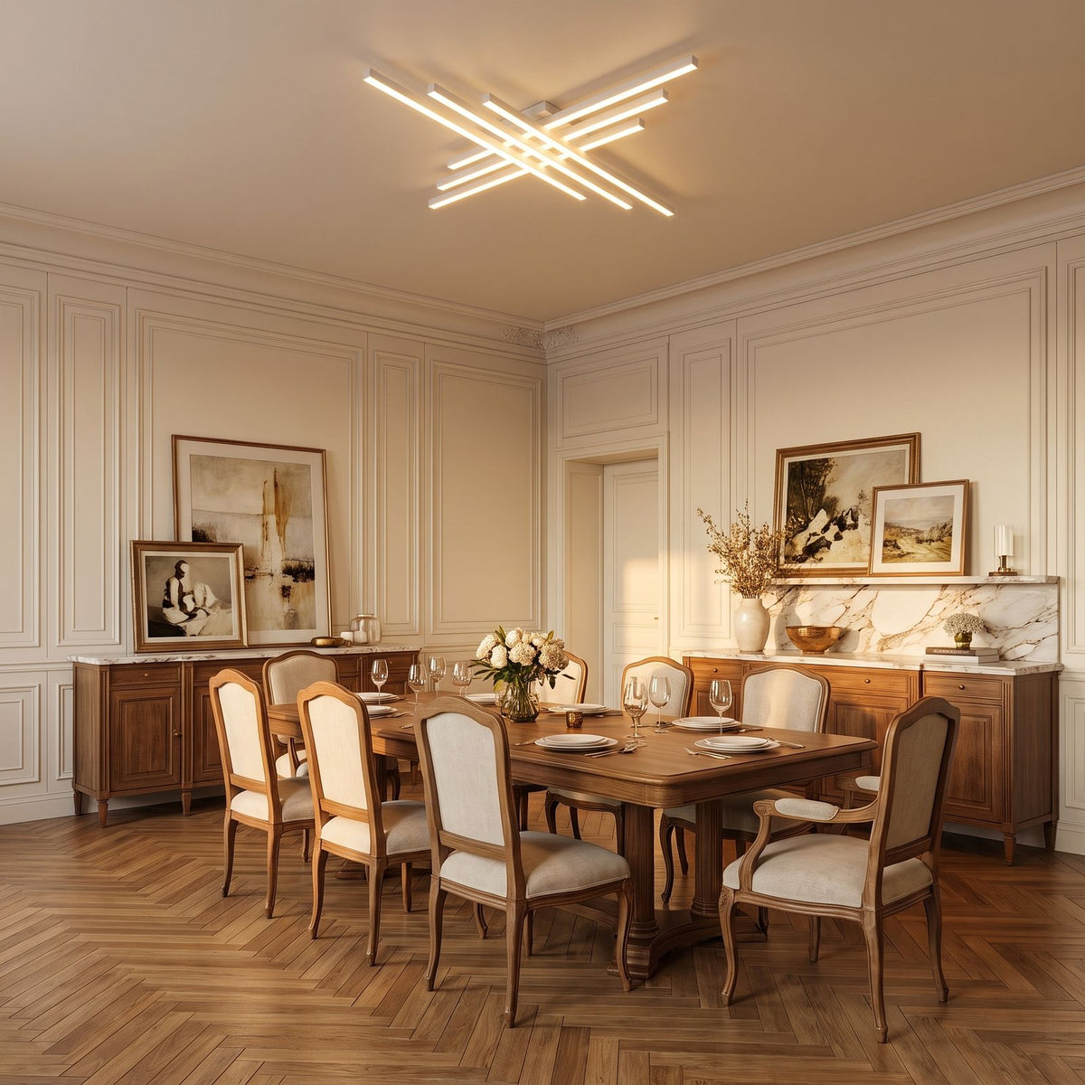 Crossed Linear Bar LED Ceiling Light above a dining table