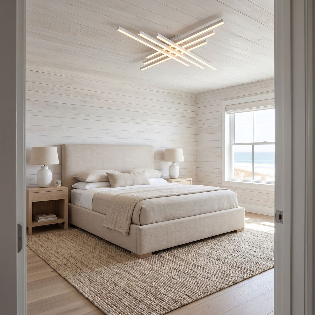 Crossed Linear Bar LED Ceiling Light in a bedroom in daylight