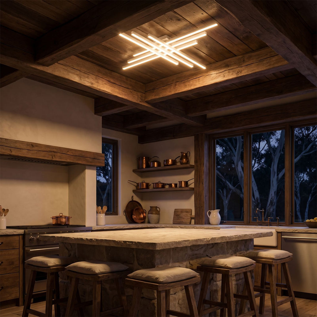 Crossed Linear Bar LED Ceiling Light above a kitchen island at night