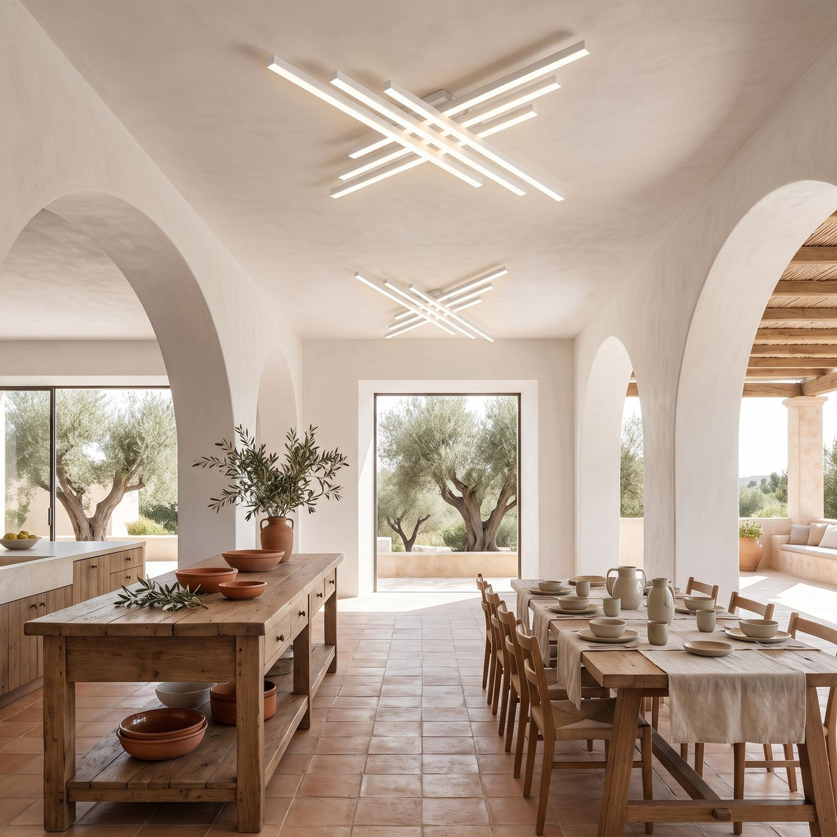 Crossed Linear Bar LED Ceiling Light: two along a kitchen and dining room