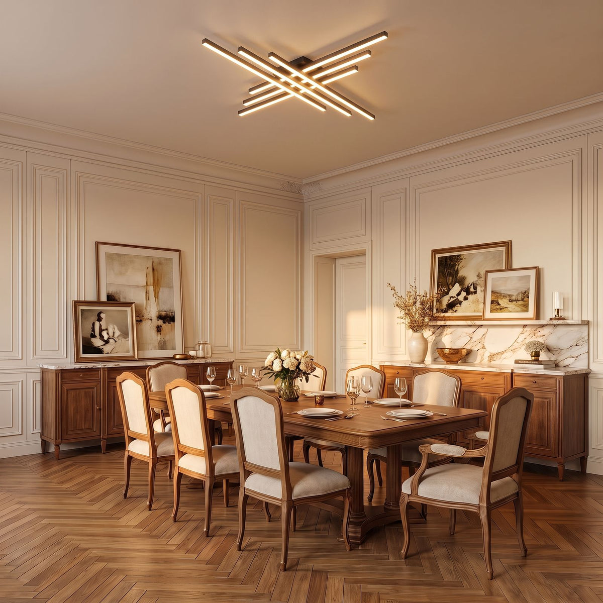Crossed Linear Bar LED Ceiling Light in black, above a dining table