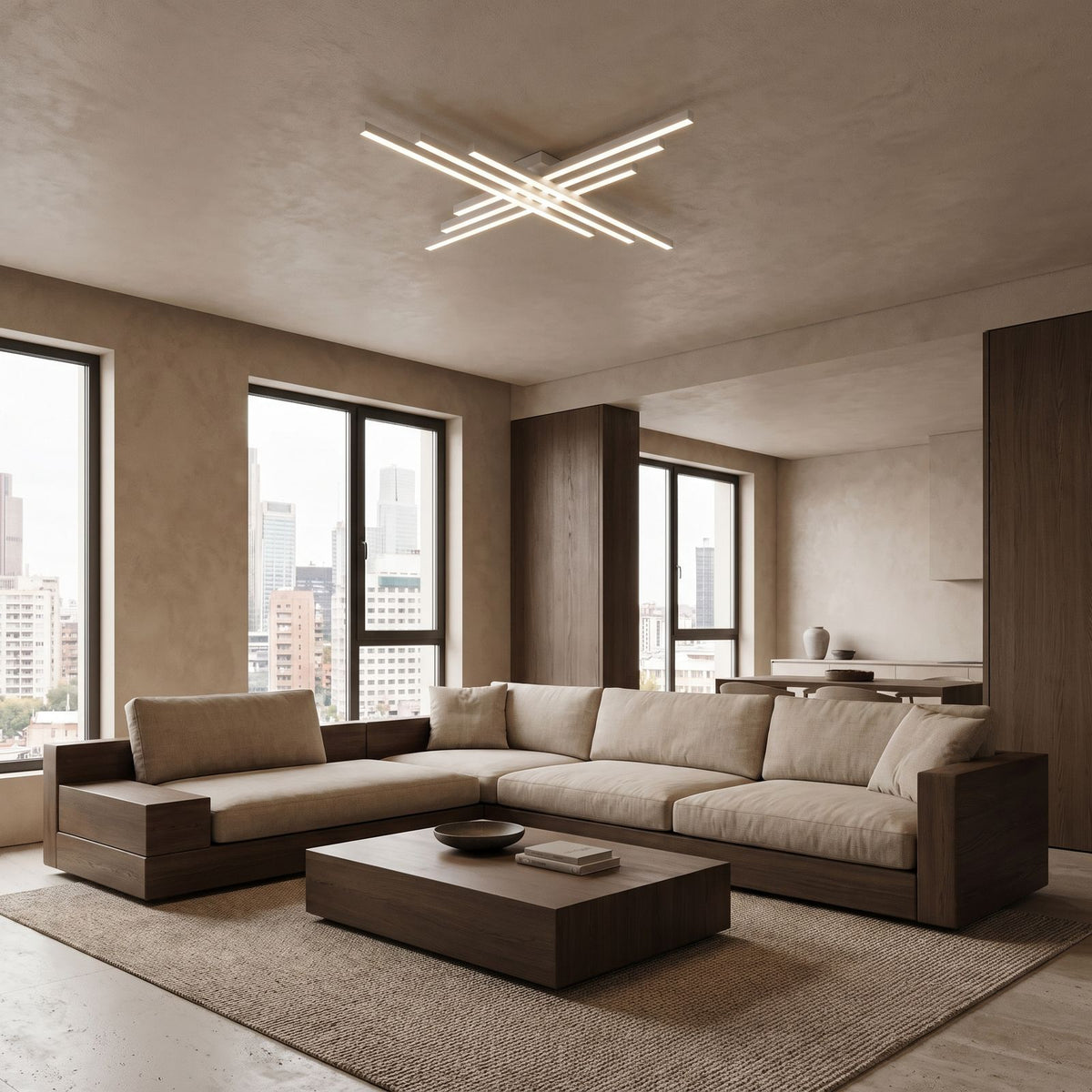 Crossed Linear Bar LED Ceiling Light 85 cm in a living room